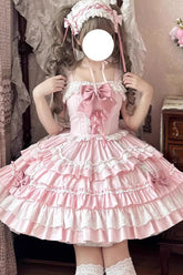 Robe Lolita Douce à Volants Multicouches Rose Sans Manches avec Nœud Papillon et Lacets